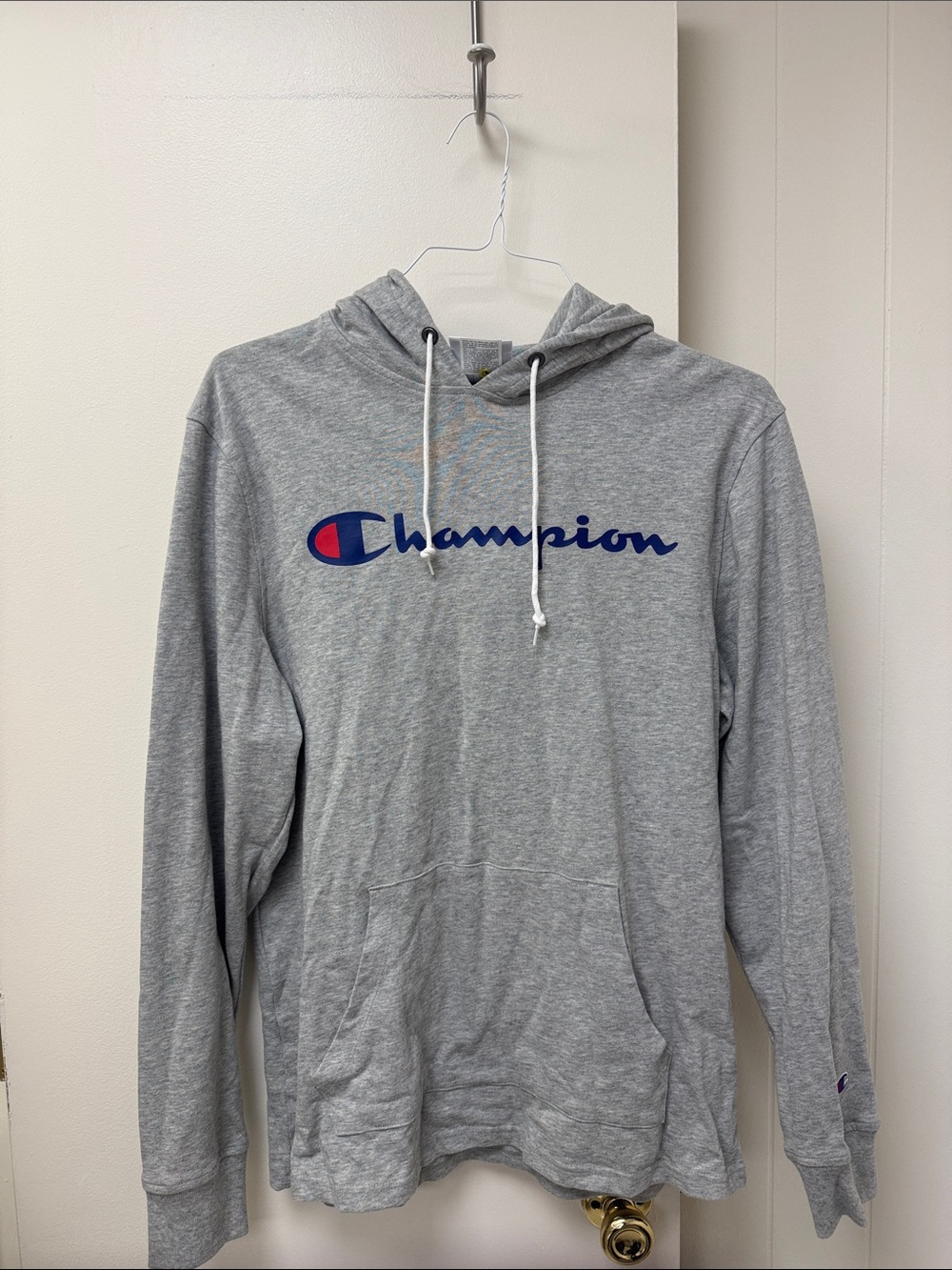 Champion Heather Gray Hoodie with Blue and Red Logo